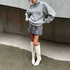 Aiertu - Women Autumn Winter Hollow Out Pullovers Knitted Loose High Neck Long Sleeve Off Shoulder Street Style Jumpers Sweater Gray Aiertu