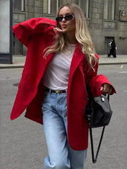 Aiertu - Women's Red Suit Temperament Shoulder Pads Loose Coat Collar Pocket Casual Cardigan Fashion Office Ladies Suit Jacket Aiertu