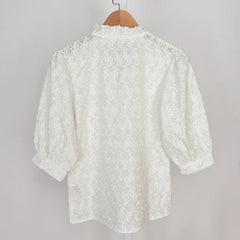 Aiertu - Bow Embroidery White Blouse Women Spring New Ruffle V Neck Puff Sleeve Shirts Tops Female French Elegant Casual Fashion Blouses Aiertu