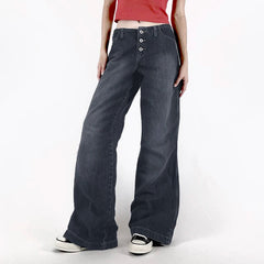 Aiertu - Y2K Women Buttons Mid-rise Jeans Harajuku Korean Fashion Straight Pants Vintage 2000s Denim Trousers Lady Streetwear Aiertu