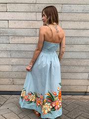 Aiertu - Blue Printed Strapless Dress Pleated Fluffy Large Hemline Cinched Waist Slimming Off Shoulder Robes Women Beach Long Dresses Aiertu
