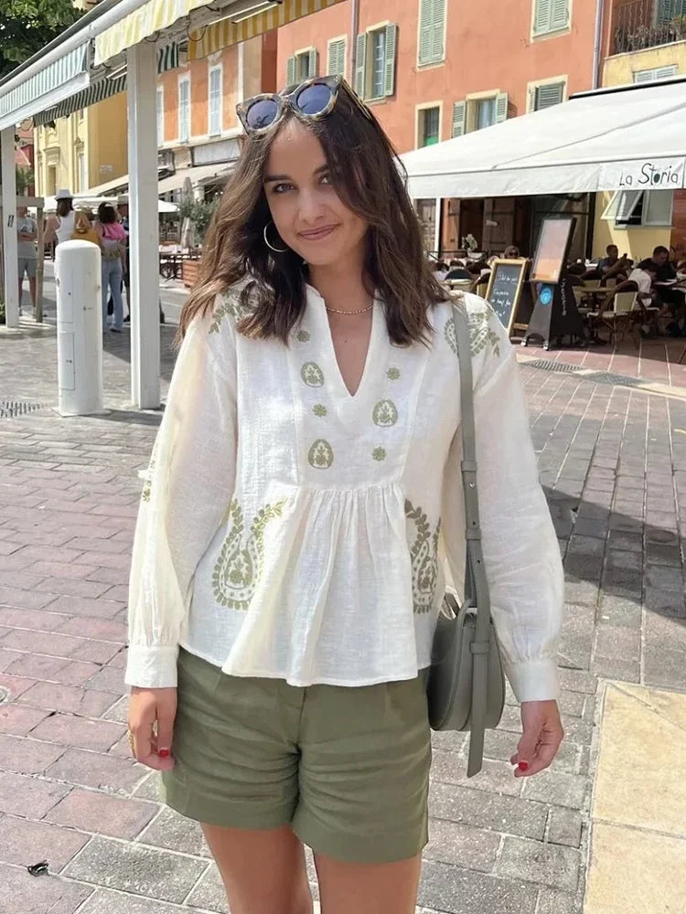 Aiertu - Paisley Flower Embroidery Autumn Blouse Women Loose Casual Cotton Linen Blusa Mujer Blusas Para Mujer Women Clothing Aiertu