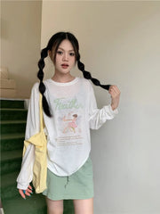 Aiertu - Sweet Girl Cartoon O-neck Long-sleeved T-shirt Women's Spring and Summer Cute Casual Loose Top Fashion Female Clothes Aiertu