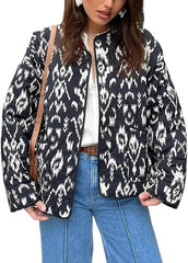 Aiertu - Warm Quilted Jackets for Women Long Sleeve Floral Print Button Down Puffer Jacket Coats with Pockets Cropped Open Front Cardigan Aiertu