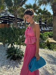Aiertu - Sexy Backless Lace Up Crop Top Beach Skirt Set Burgundy Open Back Sling Top Pleated Fold Skirts Summer New 2 Piece Outfit Women Aiertu