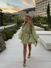 Aiertu - Fashion Green Ruffles Pleated Dress For Women Round Neck Long Sleeve Mini Dresses New Elegant Female Vacation Party Vestidos Aiertu