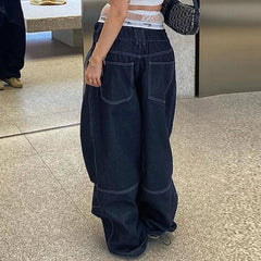 Aiertu - Harajuku Street Fashion Women Baggy Jeans Fold Detail Y2K Oversized Denim Pants Hip Hop Loose Sweatpants Dark Blue Aiertu