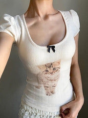Aiertu - Cat Print Bow U Neck Tee Aiertu