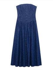 Aiertu - Strapless Denim Long Dress Sexy Backless Waist Cinched Cowboy Pleated Dresses Off Shoulder Street Trends Robes Women's Clothing Aiertu