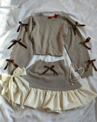 Aiertu - Y2K Knitted Splicing Two Piece Set for Women Harajuku Fashion Bow Long Sleeved Knitted Sweatshirt Mini Pleated Skirt Autumn Suit Aiertu