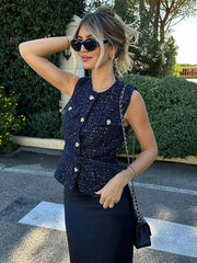 Aiertu - Elegant Solid Tweed Sequin Women Vests Sleeveless O-Neck Female Tank Fashion Slim Autumn Single Breasted Lady Waistcoat Aiertu