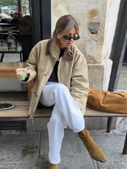 Aiertu - New Loose Short Windbreaker Comfortable Canvas Jecket Coat Women Autumn Winter Female Fasion Lapel Pockets High Street Outerwear Aiertu