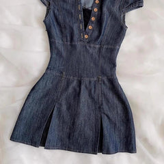 Aiertu - Spicy Girl Retro Denim Dress 2025 Summer Y2k Short Sleeve Button Streetwear Fashion Slim Fit Short Dresses Women's Mini Skirt Aiertu