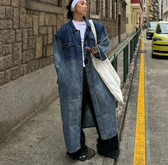 Aiertu - Street Style Gradient Long Denim Jacket Women Shoulder Pads Long Sleeves Lapel Button Down Oversize Coat Retro Clothes Aiertu