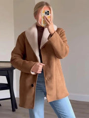 Aiertu - Fashion Solid Lapel Women Jacket Lamb Wool Full Sleeve Lady Coat Autumn Winter Warm Thicken Vintage Loose Female Outwear Aiertu