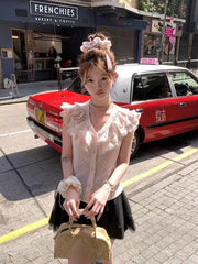 Aiertu - Y2k Aesthetic Sweet Polka Dot Women Blouse Vintage Single Breasted Blusas Lace Patchwork Fairy Summer Feifei Sleeves Grunge Tops Aiertu