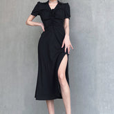 Aiertu - Lace Up Slit Knitted Black Maxi Dress Aiertu
