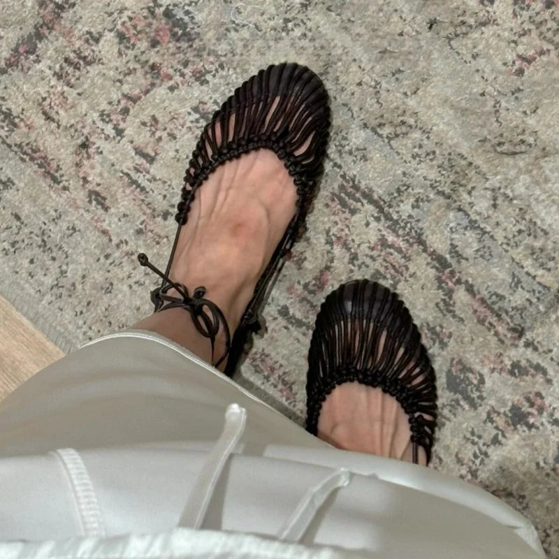 Aiertu - Summer Low Heels Roma Sandals Fashion Outdoor Woven Hollow Women Sandals Casual Lace-up Round Head Sandals Aiertu