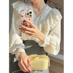 Aiertu Vintage Ruffles Shirts Women Elegant Lace Patchwork Blouses Office Lady Korean V Neck Long Sleeve All Match Chic Tops New Aiertu