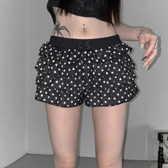 Aiertu - Ballet Core Polka Dot Cake Shorts for Girls Gyaru Japanese 2000s Y2k Summer Elastic Waist Ruffle Black Shorts P84-DZ15 Aiertu