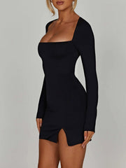 Aiertu - summer inspo Backless Lace-Up Slim Sexy Black Short Dress Women Square Collar Solid Split Elegant Basic Long Sleeve Baddie Clubwear Aiertu