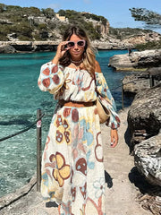 Aiertu - Off Shoulder Printed Top Half Skirt Women 2PCS Set Lantern Sleeve Pleated Crop Fluffy Blouse Pullover High Waisted Long Skirts Aiertu