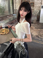 Aiertu - Y2k Aesthetics Fake Two Pieces T-shirt 2026 Fairy Grunge Halter Bodycon Tshirt Summer Harajuku Patchwork Irregular Bandage Tops Aiertu