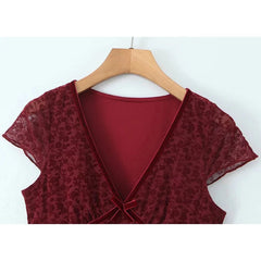 Aiertu - Summer Women Short Sleeve Bow V Neck A-line Mini Dress Lady High Waist Hem Ruffle Floral Wine Red Dresses Vintage Robe Aiertu