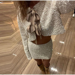 Aiertu - Fashion Sequins Cardigan Skirts Set Women Sexy Bow Lace Up Hollow-out O-neck Top Slim Mini Skirt 2025 Spring New Lady Shiny Suit Aiertu