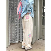 Aiertu - Star Note Embroidery Japanese Sweet Girl Soft Trousers Students High Waisted Summer Thin Loose Casual Sports Wide Leg Long Pants Aiertu
