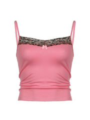 Aiertu - summer inspo Hot Pink Sweet Cute Camisole Leopard Contrast Patchwork Y2K Crop Top For Women Sleeveless Slim Kawaii 2000s Tank Vest Aiertu