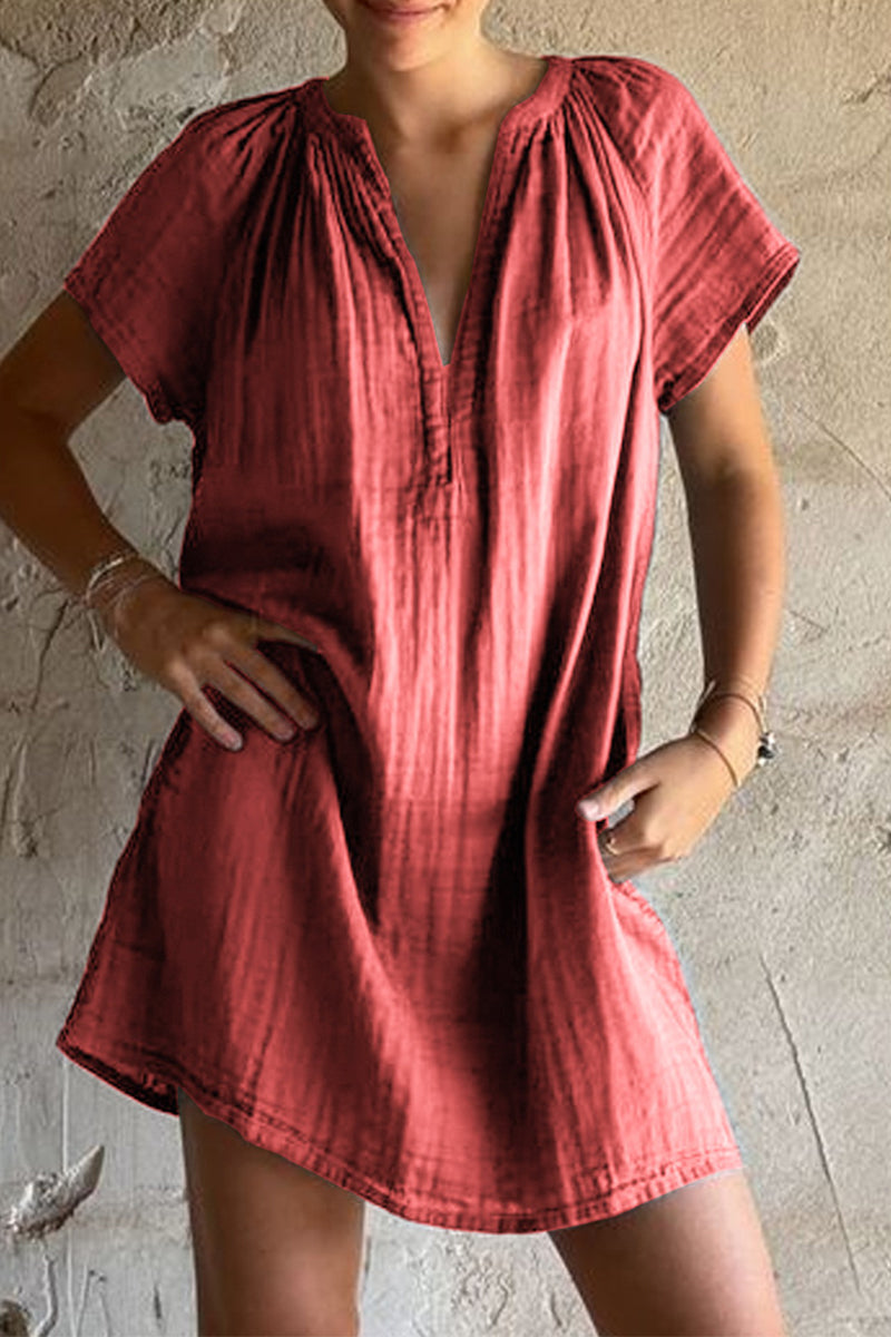 Aiertu -Casual Solid Color Patchwork Ruched V Neck Short Sleeve Short Sleeve Dress aiertu