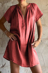 Aiertu -Casual Solid Color Patchwork Ruched V Neck Short Sleeve Short Sleeve Dress aiertu