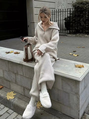 Aiertu - Grey Autumn Winter Knitted Sweater Pants Set 2 Pcs Outfits Thick Casual Wide Leg Pants Zip Pullover Female Loose Set Aiertu