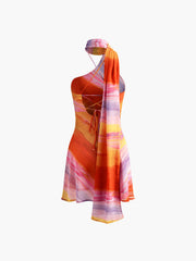 Aiertu Semi-Sheer Halter Backless Tie Dye Short Dress shopify