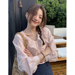 Aiertu Sweet Ruffles Shirts Women Korean Pink V Neck Long Sleeve Blouses Summer Ladies Fashion Elegant Loose Casual Chic Tops New Aiertu