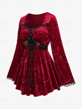 Aiertu - Plus Size Velvet Top Deep Red T-shirt Grommets Buckle Lace-up Rivet Lace Trim Flare Sleeve Tee For Women New Arrive Aiertu