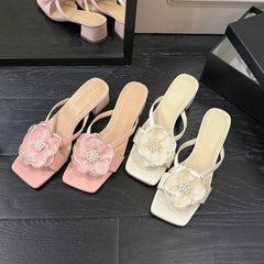 Aiertu - New Summer French Square Head Thick with Pearl Flower Flip-flops Women Wear Open-toed Flip-flops with Mid-heels Aiertu