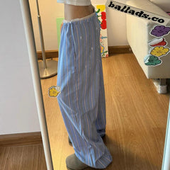 Aiertu - Sweet Stripe Lace Patchwork Women Pants Low Waist Drawstring Harajuku Korean Trousers Straight Leg Bottoms Basic New Aiertu