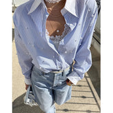 Aiertu - Elegant Striped Shirts Women Fashion Beading Patchwork Blouses Office Ladies Korean Oversize Long Sleeve Design Tops New Aiertu