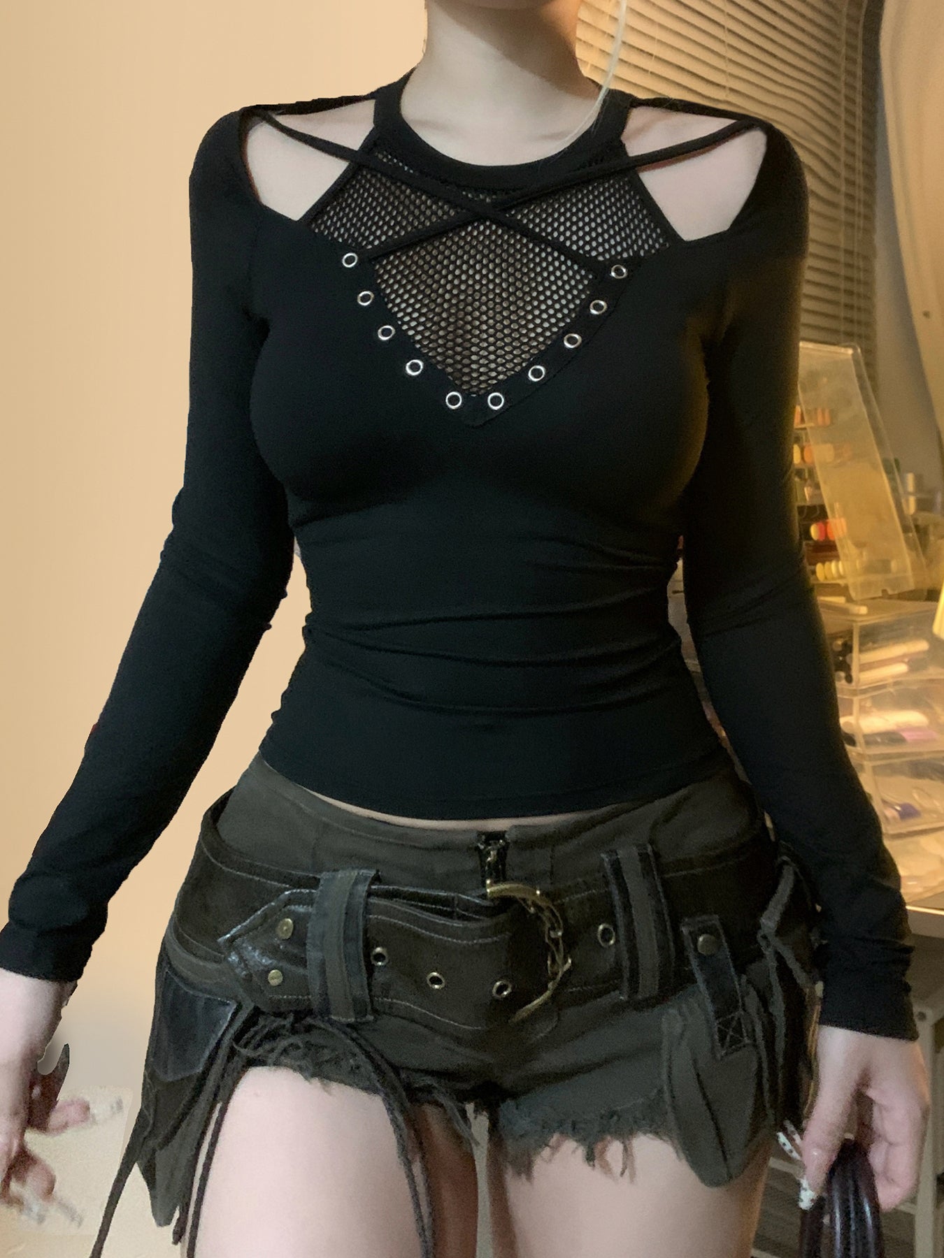 Aiertu - summer inspo Darkly Punk Cothic Women Long Sleeve T-Shirt Patchwork Chic Fabric Cut Out O-Neck Top Tees Slim Sexy Solid Tops Aiertu