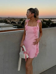Aiertu - Women Sexy Pink 3d Flower Sling Mini Dress Fashion High Waist Sleeveless Bodycon Dress 2026 Summer Vacation Beach Party Dresses Aiertu