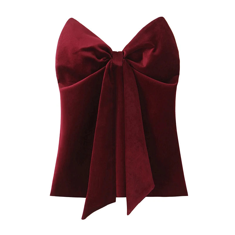 Aiertu - High Street Women Wine Red Velvet Bow Strapless Top Sexy Sleeveless Chic Party Crop Top Ropa Para Mujer Aiertu