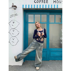 Aiertu High Waist Womens Jeans Vintage Straight Baggy Print Pants Streetwear American Fashion Y2K Casual Wide Leg Denim Trouser Aiertu