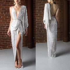 Aiertu - New European and American Splicing Sequin Halter Skirt Slit Slim Wind V-neck Sexy Dress Aiertu