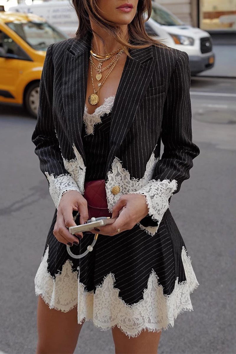 Aiertu -Casual Street Stripe Lace Buttons Patchwork Turn-back Collar Long Sleeve Two Pieces aiertu