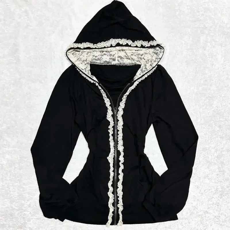 Aiertu - High Street Y2k Vintage Lace Slim Fit Zipper Hoodie Goth Grunge Hip Hop Premium Cotton Casual Harajuku Hottie Sexy Long Sleeve Aiertu