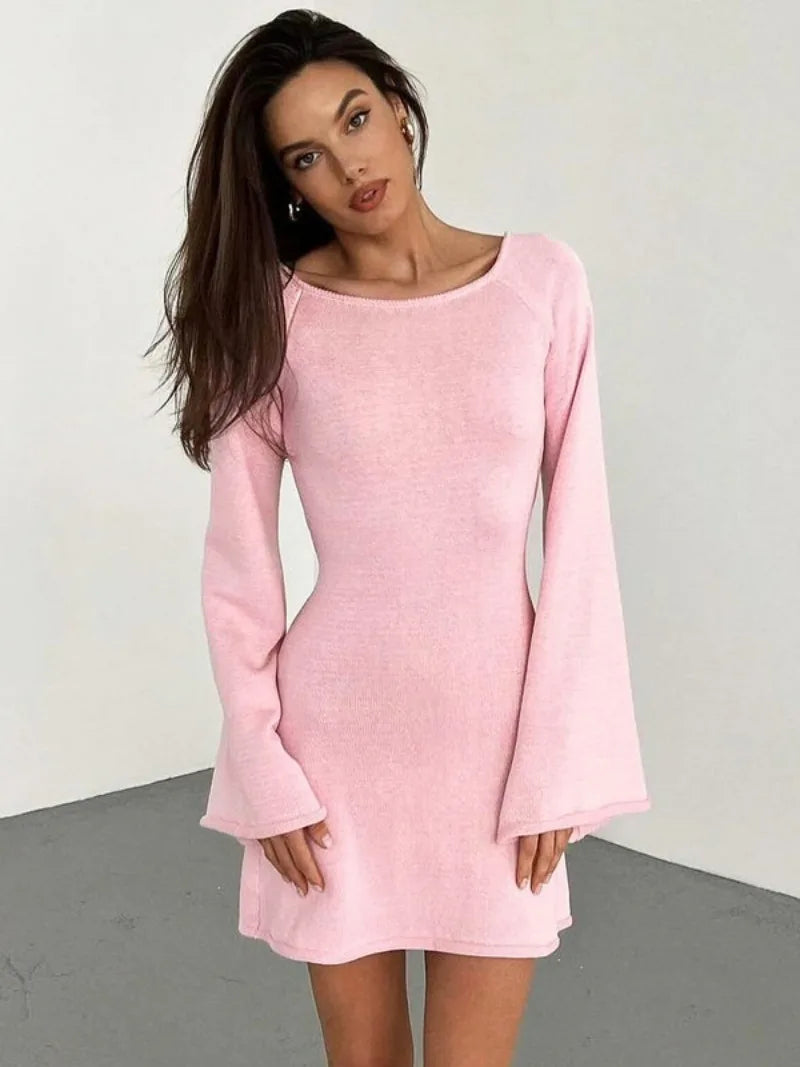 Aiertu - Womens Flare Sleeve Lace-up Backless Pink Sweater Dress Ladies Autumn High Waist Hollow Out Knitted White Party Vacation Dresses Aiertu