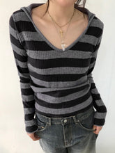 Aiertu - summer inspo Black Dark Gray Stripe Hooded T-Shirt Women V Neck Slim Long Sleeve Basic Spring Autumn Ribbed Top Preppy Streetwear Tee Aiertu