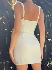 Aiertu Elegant Ruffle Bow Tie White Mini Dress for Women Sexy Backless Split Party Club Dresses 2025 Summer V-neck Sleeveless Dresses Aiertu